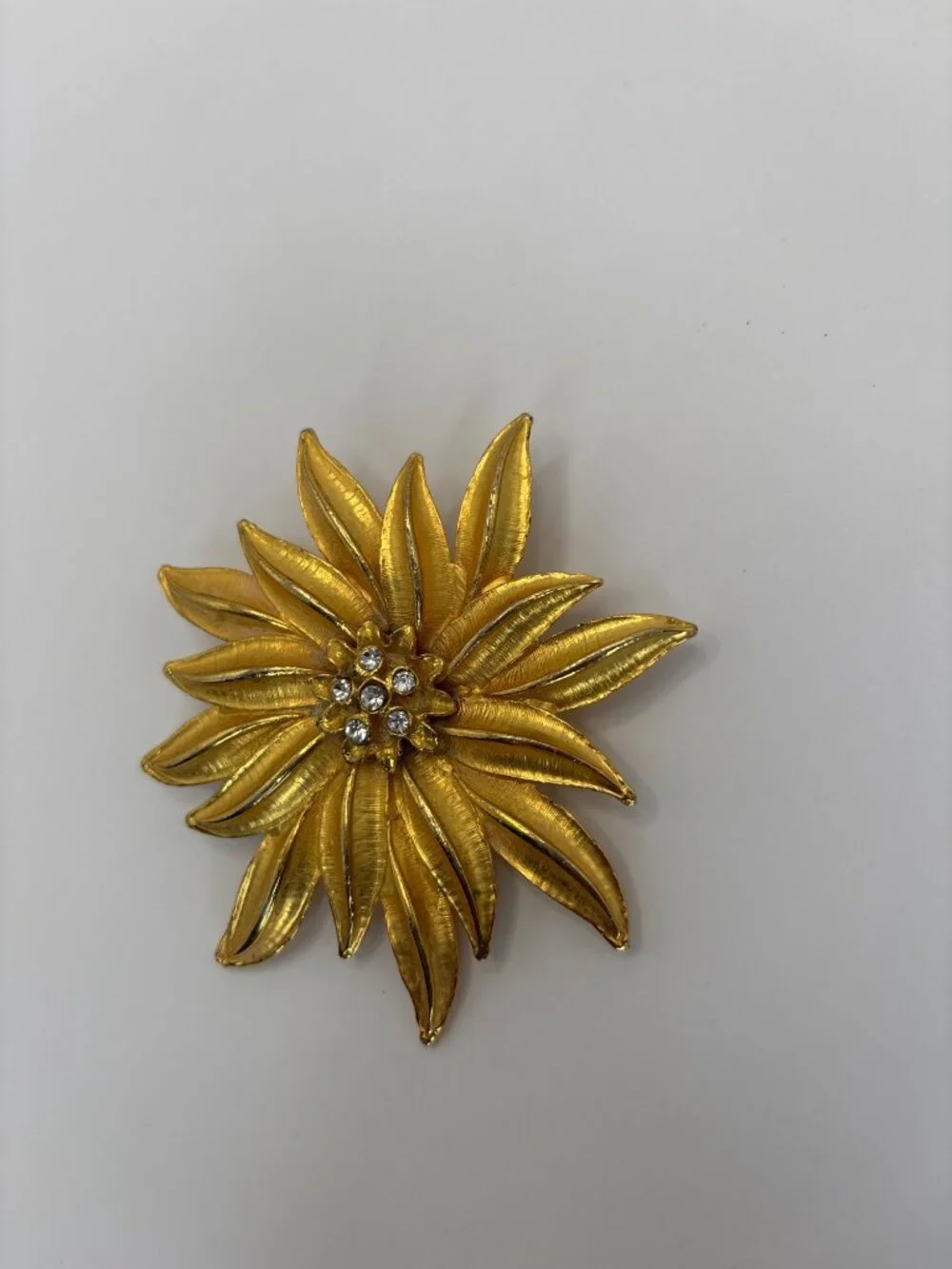 Vintage Gold Tone Large Floral Brooch Pin Rhinestone Center